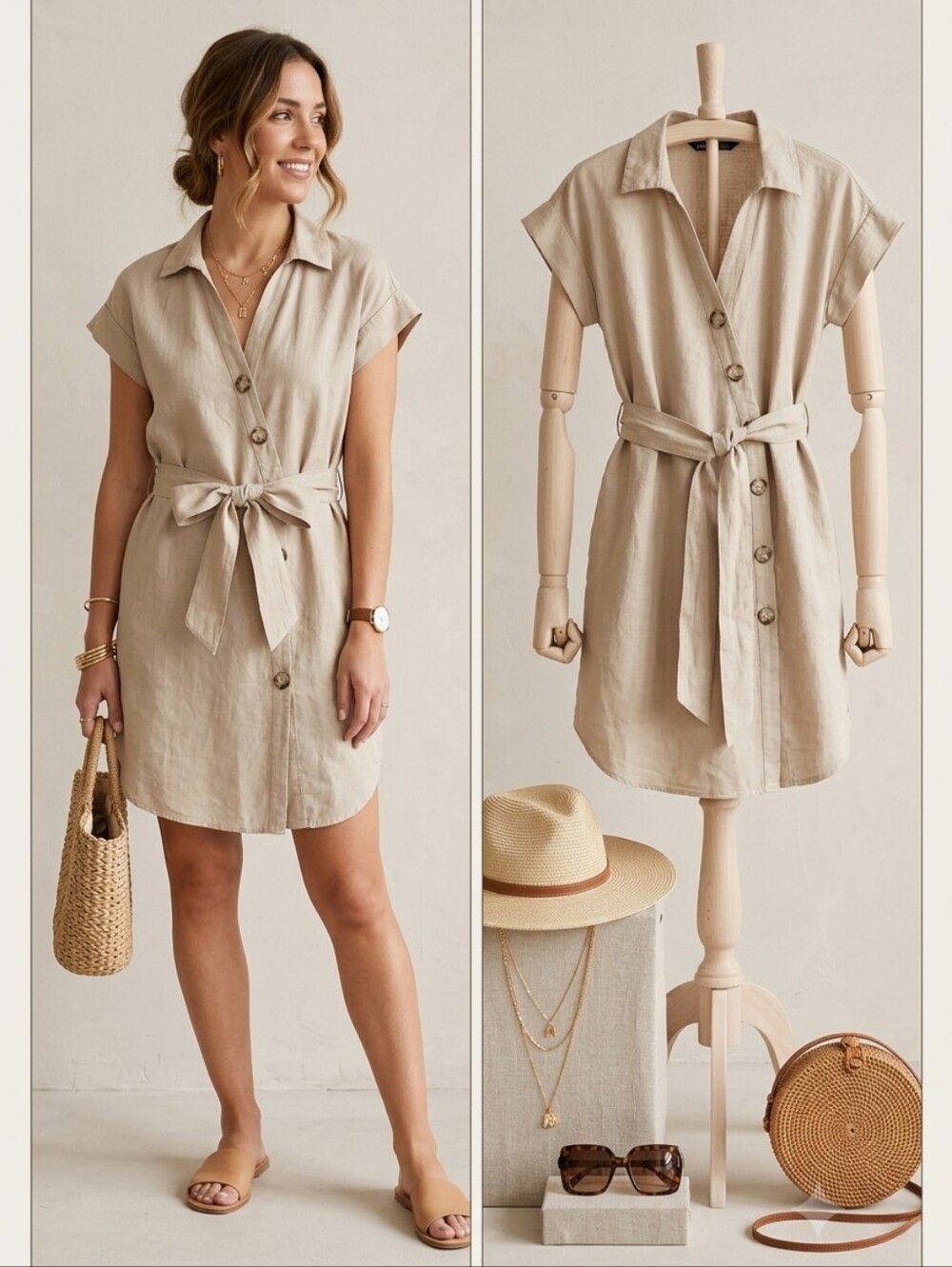 ZARA BASIC Beige Linen Blend Short Sleeve Belted Shirt Dress Size S